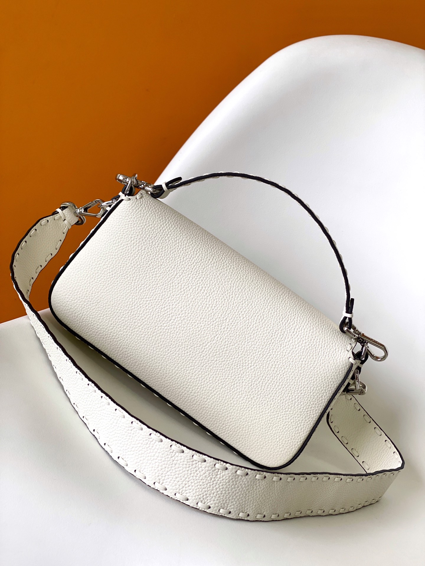 Fendi Medium Baguette Selleria Bag with 612 Hand-sewn Topstitches Shoulder Bag Ice White